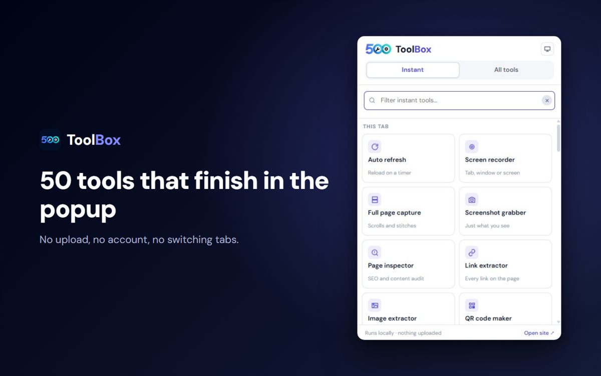 The 500Toolbox popup open over a web page, with its tools grouped by job.