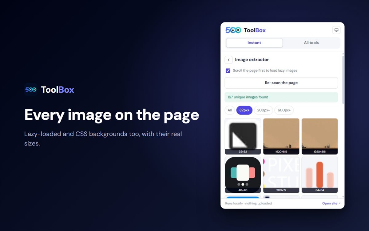 Every image on the page - Lazy-loaded and CSS backgrounds too, with their real sizes.