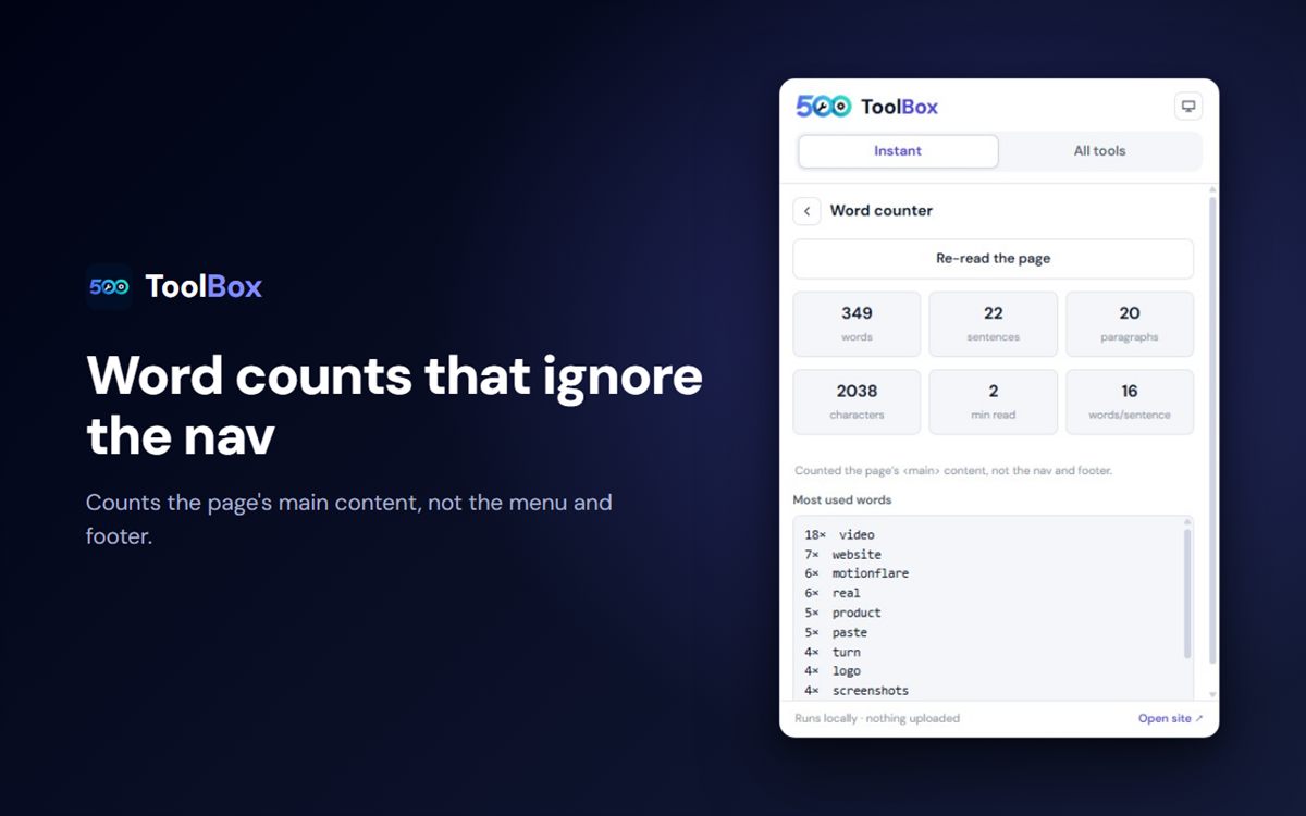 Word counts that ignore the nav - Counts the main content, not the menu and footer.